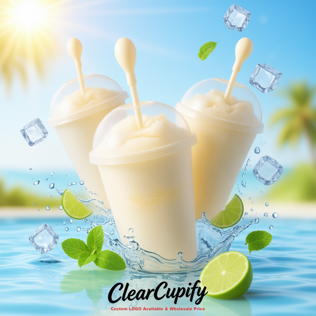 Ivory 16 oz Plastic Slushie Cups with Dome Lid & Detachable Spoon Straws for Milkshake, Boba, Smoothies, Iced Coffee