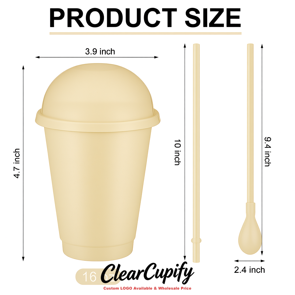 Ivory 16 oz Plastic Slushie Cups with Dome Lid & Detachable Spoon Straws for Milkshake, Boba, Smoothies, Iced Coffee