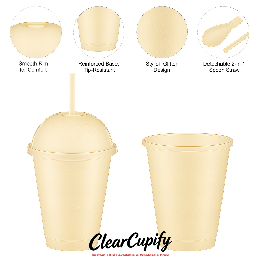 Ivory 16 oz Plastic Slushie Cups with Dome Lid & Detachable Spoon Straws for Milkshake, Boba, Smoothies, Iced Coffee