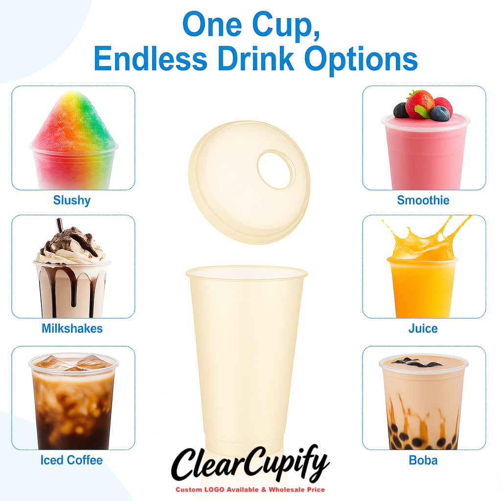 Ivory 16 oz Plastic Slushie Cups with Dome Lid & Detachable Spoon Straws for Milkshake, Boba, Smoothies, Iced Coffee