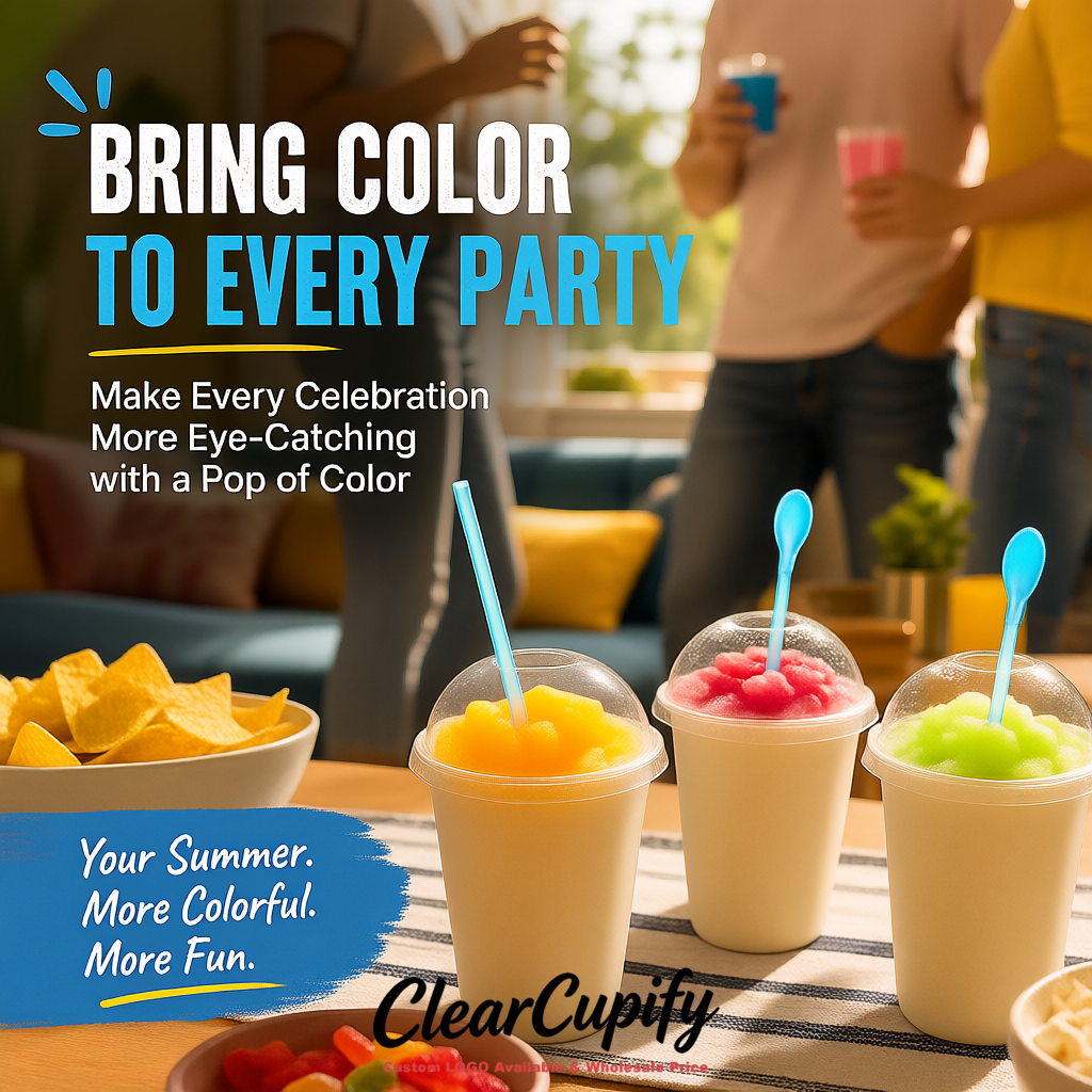 Ivory 16 oz Plastic Slushie Cups with Dome Lid & Detachable Spoon Straws for Milkshake, Boba, Smoothies, Iced Coffee