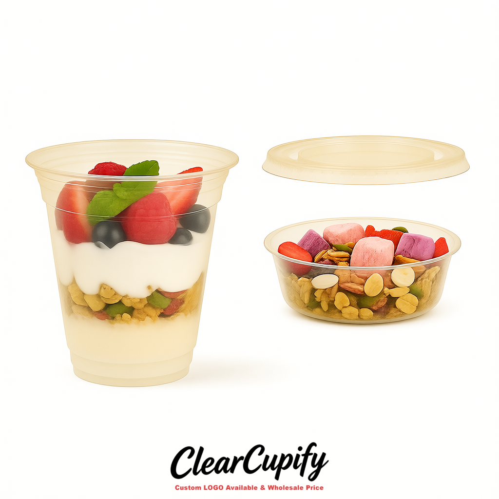 Ivory 12 oz Disposable Plastic Parfait Cups with Insert & Flat lids 3.85 x 2.1 x 4 inches