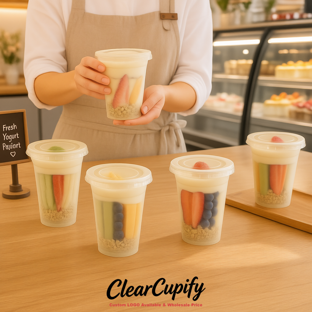 Ivory 12 oz Disposable Plastic Parfait Cups with Insert & Flat lids 3.85 x 2.1 x 4 inches