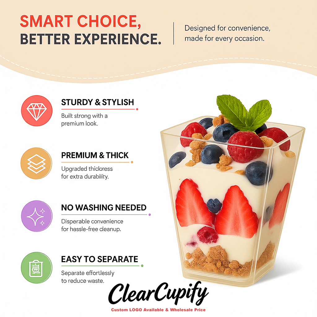 Wholesale Ivory 5 oz Square Clear Plastic Dessert Cups with Spoons for Appetizers, Puddings, Mousse, Parfait
