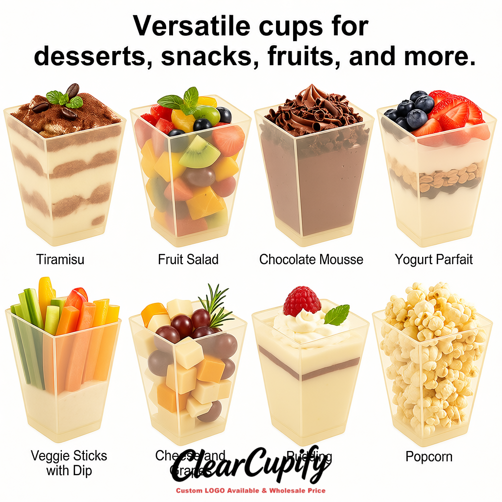 Wholesale Ivory 5 oz Square Clear Plastic Dessert Cups with Spoons for Appetizers, Puddings, Mousse, Parfait