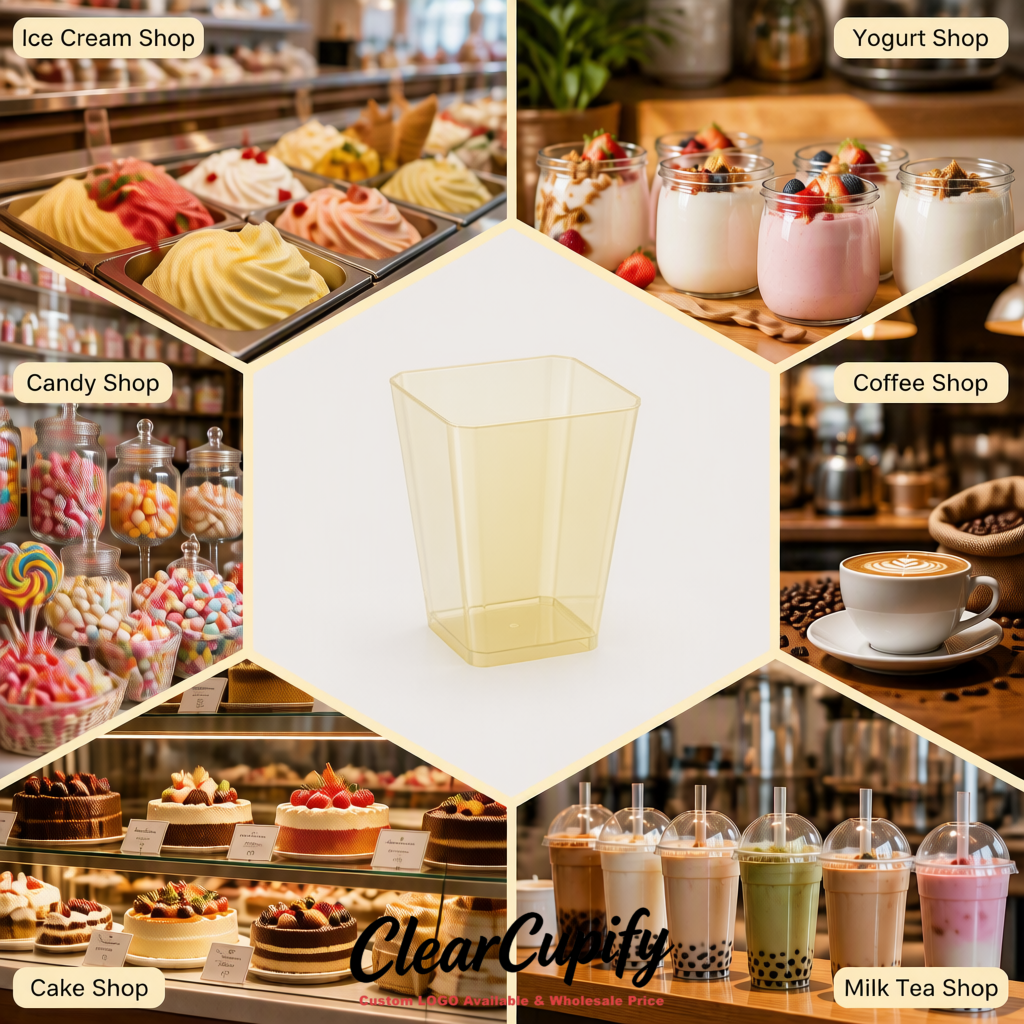 Wholesale Ivory 5 oz Square Clear Plastic Dessert Cups with Spoons for Appetizers, Puddings, Mousse, Parfait