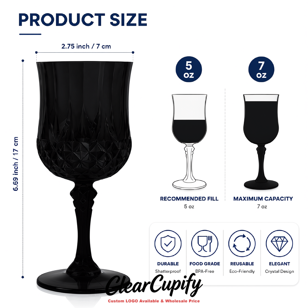 Jet Black 7oz Acrylic Plastic Wine Goblets - 2.7 x 6.7 inches Party & Wedding Wine Glasses