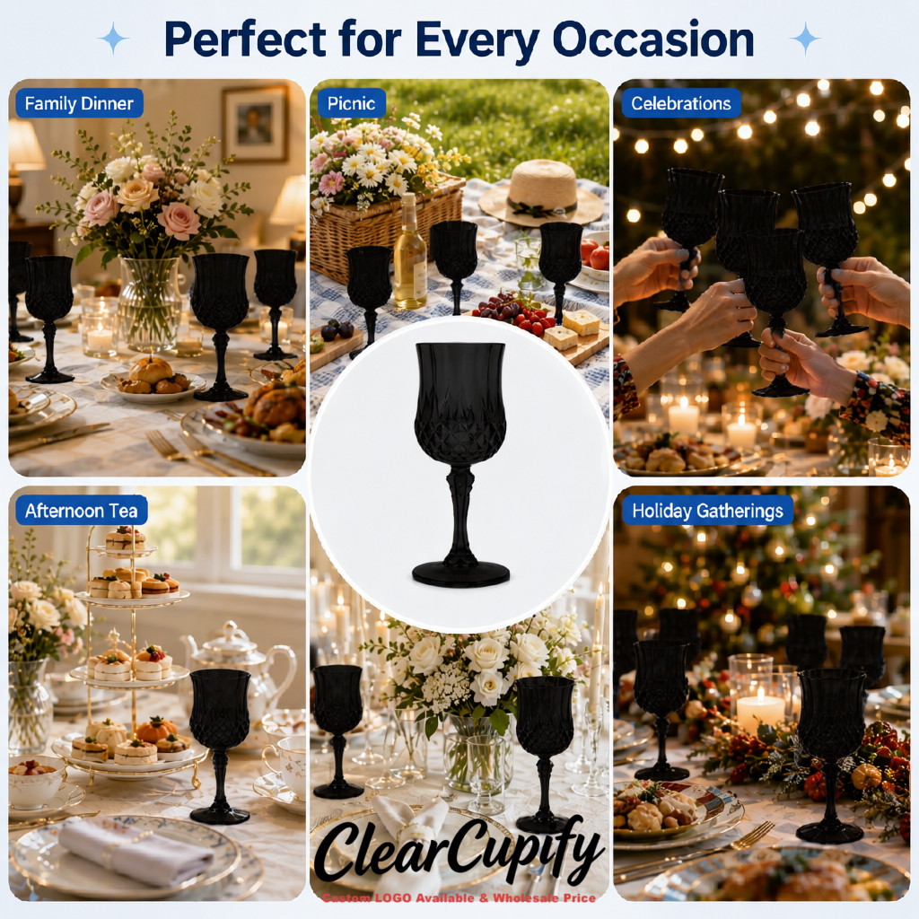 Jet Black 7oz Acrylic Plastic Wine Goblets - 2.7 x 6.7 inches Party & Wedding Wine Glasses