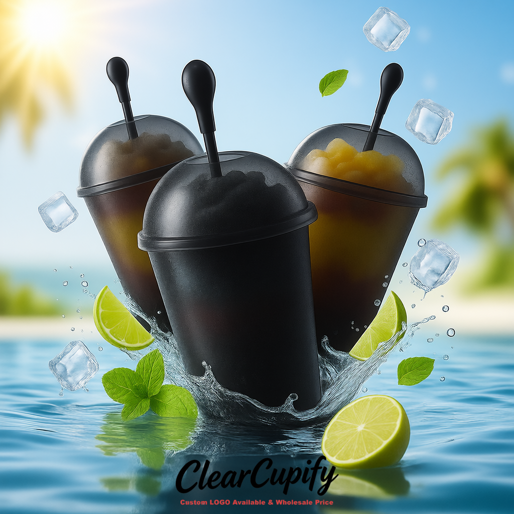 Jet Black 16 oz Plastic Slushie Cups with Dome Lid & Detachable Spoon Straws for Milkshake, Boba, Smoothies, Iced Coffee