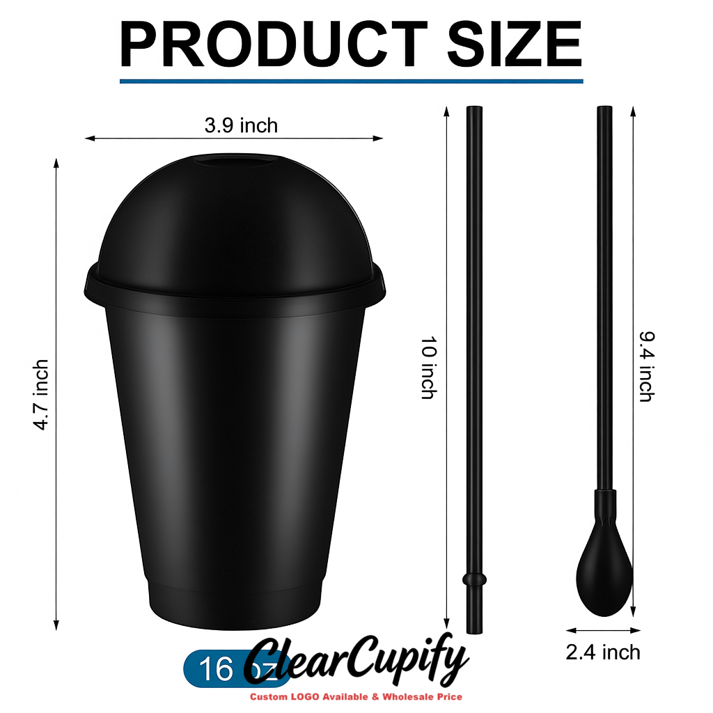 Jet Black 16 oz Plastic Slushie Cups with Dome Lid & Detachable Spoon Straws for Milkshake, Boba, Smoothies, Iced Coffee