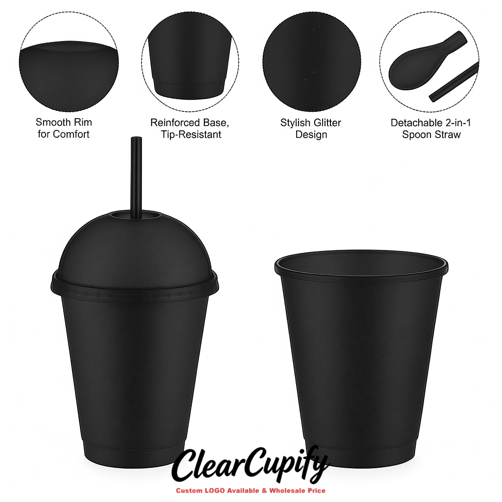 Jet Black 16 oz Plastic Slushie Cups with Dome Lid & Detachable Spoon Straws for Milkshake, Boba, Smoothies, Iced Coffee