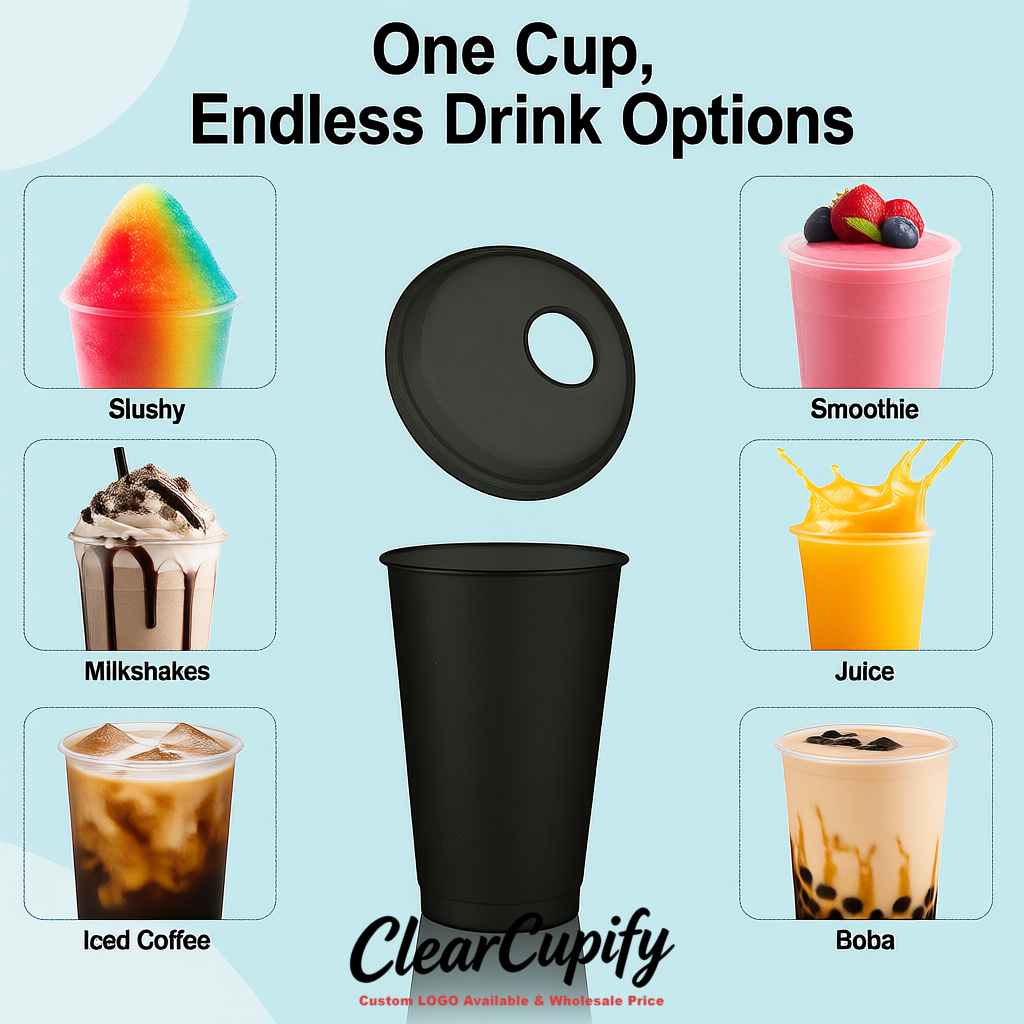Jet Black 16 oz Plastic Slushie Cups with Dome Lid & Detachable Spoon Straws for Milkshake, Boba, Smoothies, Iced Coffee