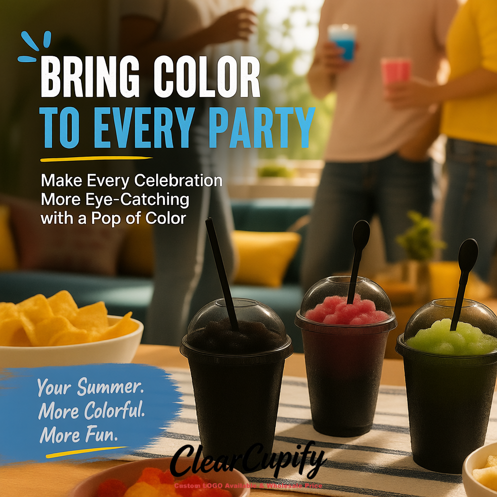 Jet Black 16 oz Plastic Slushie Cups with Dome Lid & Detachable Spoon Straws for Milkshake, Boba, Smoothies, Iced Coffee