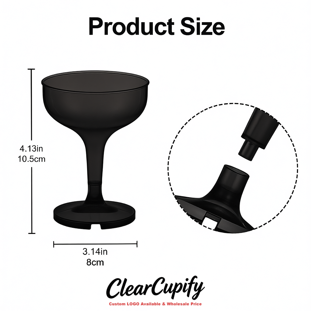Jet Black 5oz Stackable Plastic Martini Glasses 4.13x3.14 inches/10.5x8 cm For Champagne Tower