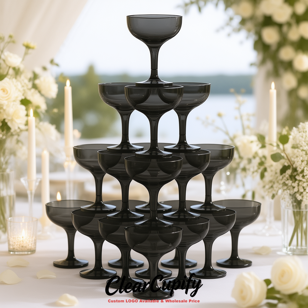 Jet Black 5oz Stackable Plastic Martini Glasses 4.13x3.14 inches/10.5x8 cm  For Champagne Tower