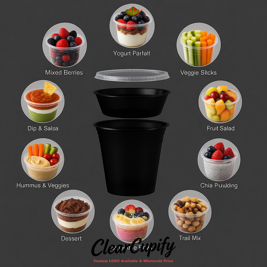 Jet Black 12 oz Disposable Plastic Parfait Cups with Insert & Flat lids 3.85 x 2.1 x 4 inches