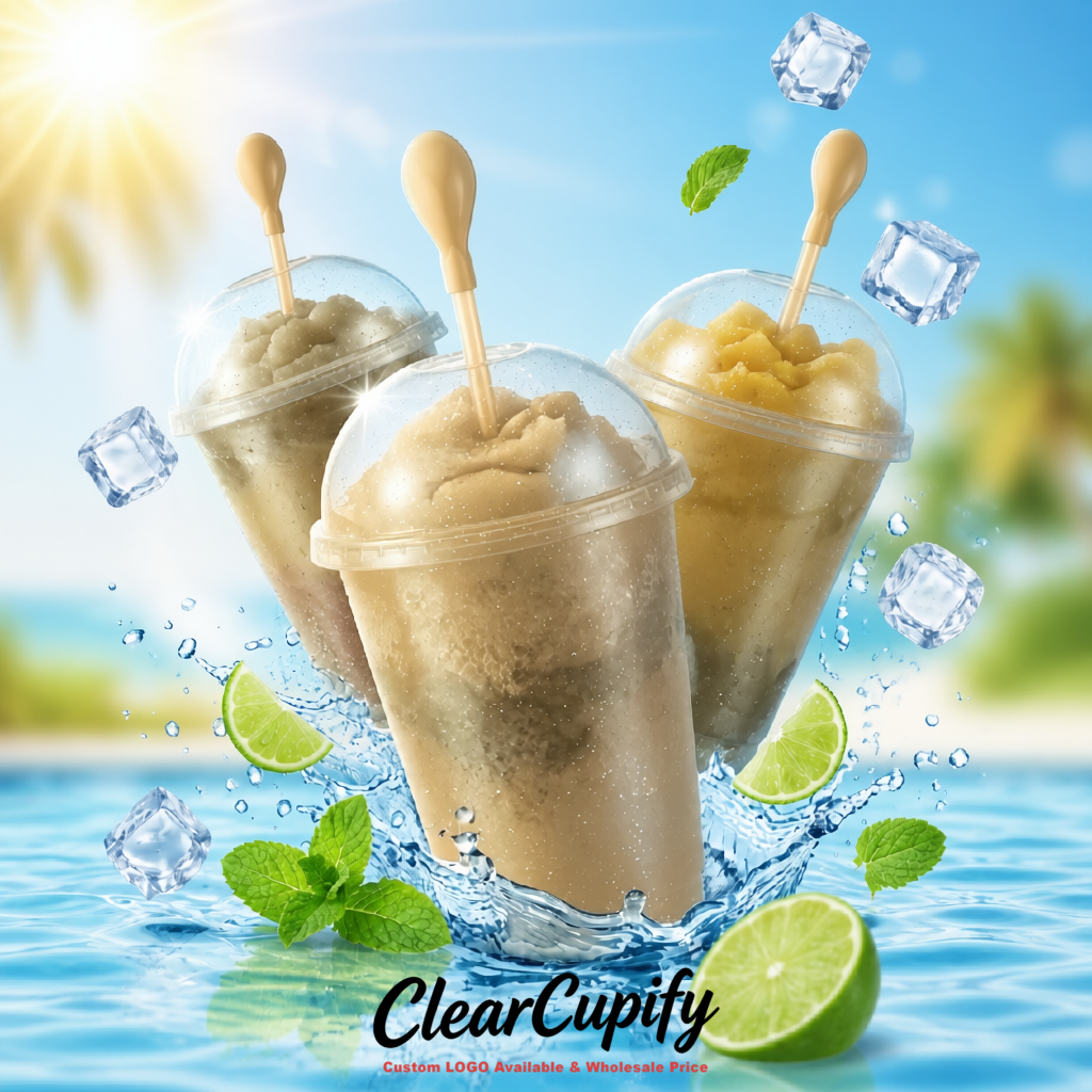 Khaki 16 oz Plastic Slushie Cups with Dome Lid & Detachable Spoon Straws for Milkshake, Boba, Smoothies, Iced Coffee