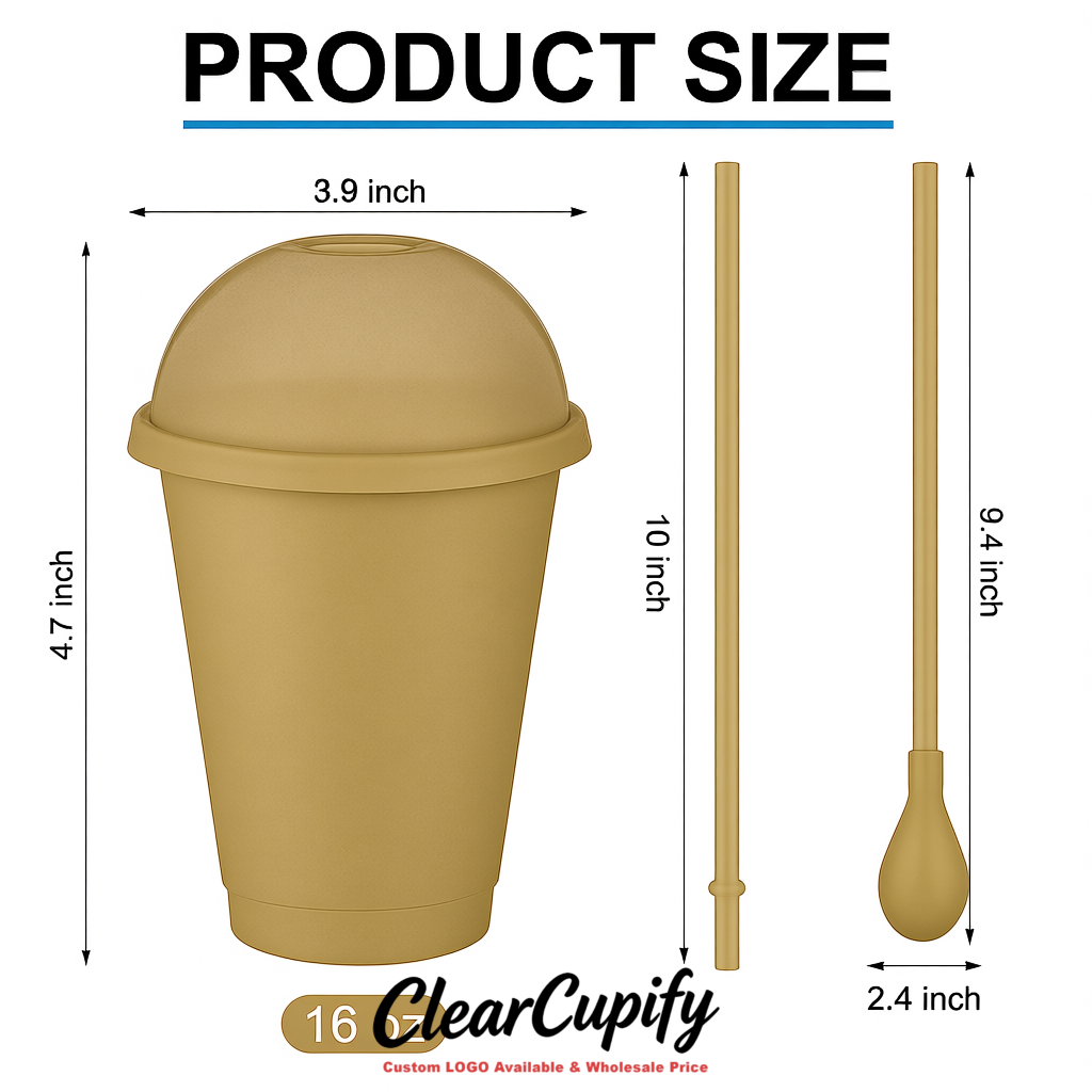 Khaki 16 oz Plastic Slushie Cups with Dome Lid & Detachable Spoon Straws for Milkshake, Boba, Smoothies, Iced Coffee