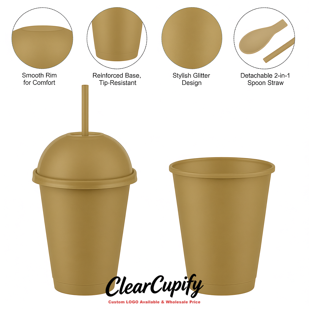 Khaki 16 oz Plastic Slushie Cups with Dome Lid & Detachable Spoon Straws for Milkshake, Boba, Smoothies, Iced Coffee