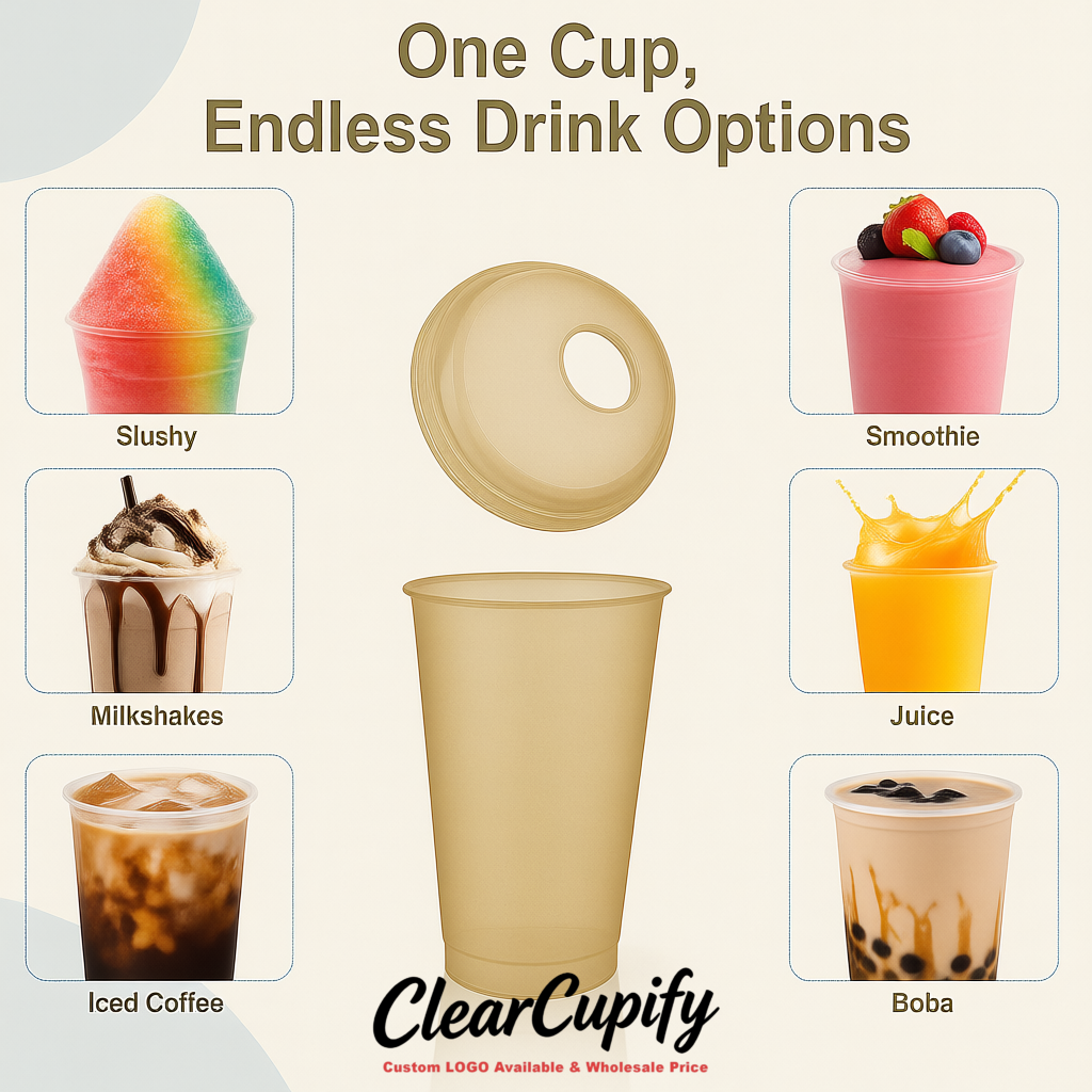 Khaki 16 oz Plastic Slushie Cups with Dome Lid & Detachable Spoon Straws for Milkshake, Boba, Smoothies, Iced Coffee