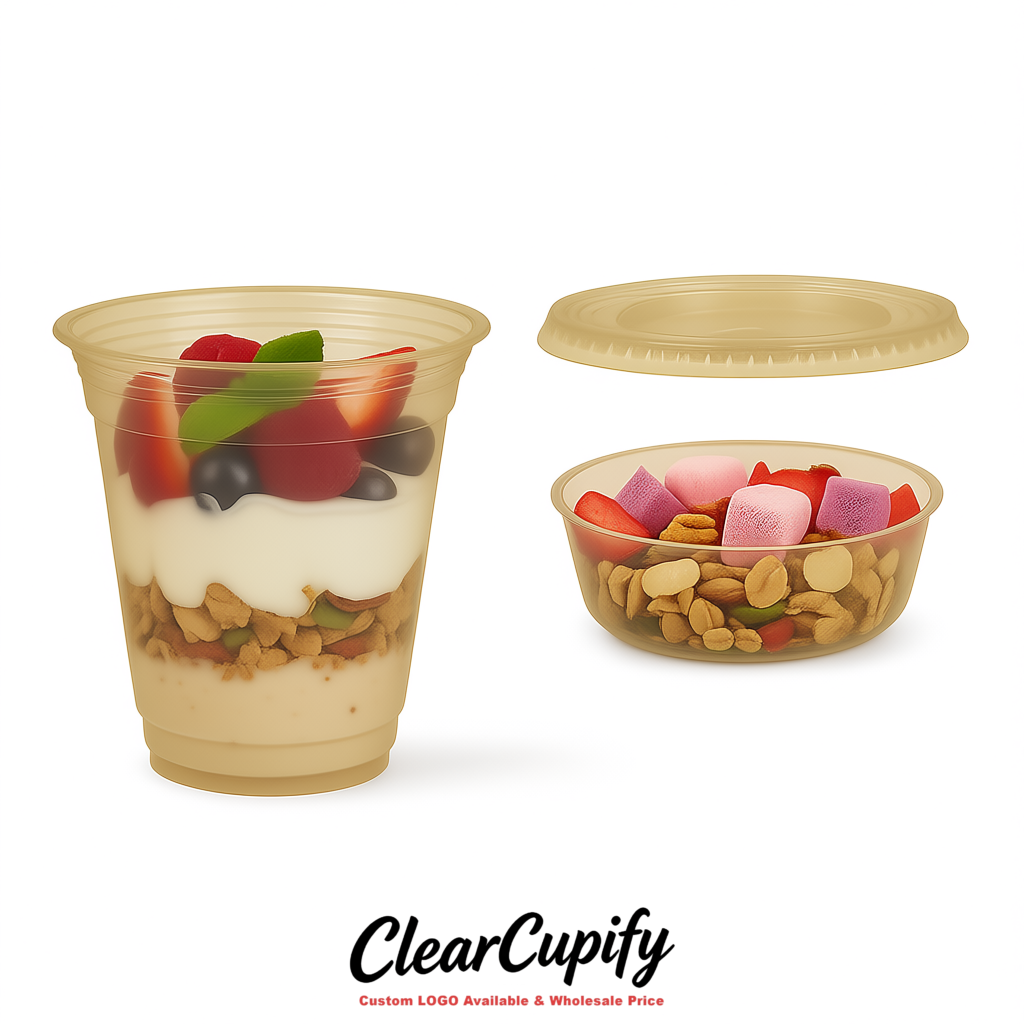 Khaki 12 oz Disposable Plastic Parfait Cups with Insert & Flat lids 3.85 x 2.1 x 4 inches