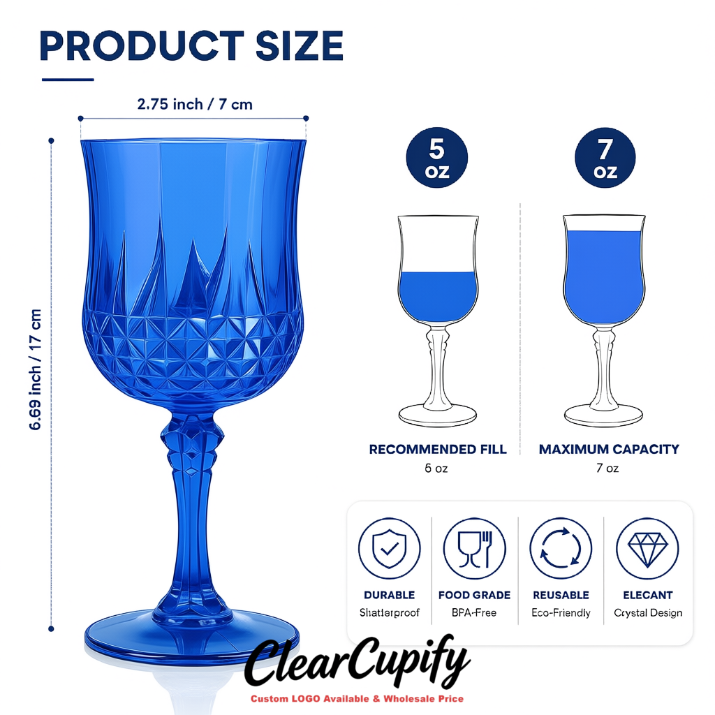 Klein Blue 7oz Acrylic Plastic Wine Goblets - 2.7 x 6.7 inches Party & Wedding Wine Glasses