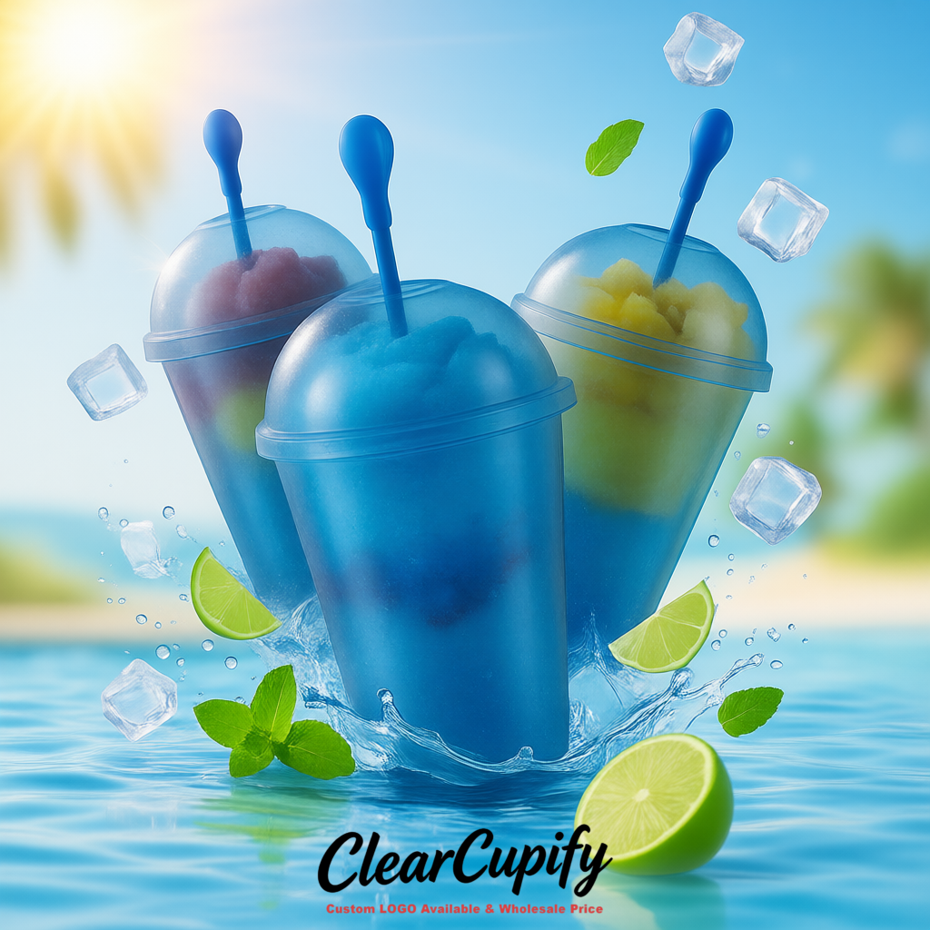 Klein Blue 16 oz Plastic Slushie Cups with Dome Lid & Detachable Spoon Straws for Milkshake, Boba, Smoothies, Iced Coffee