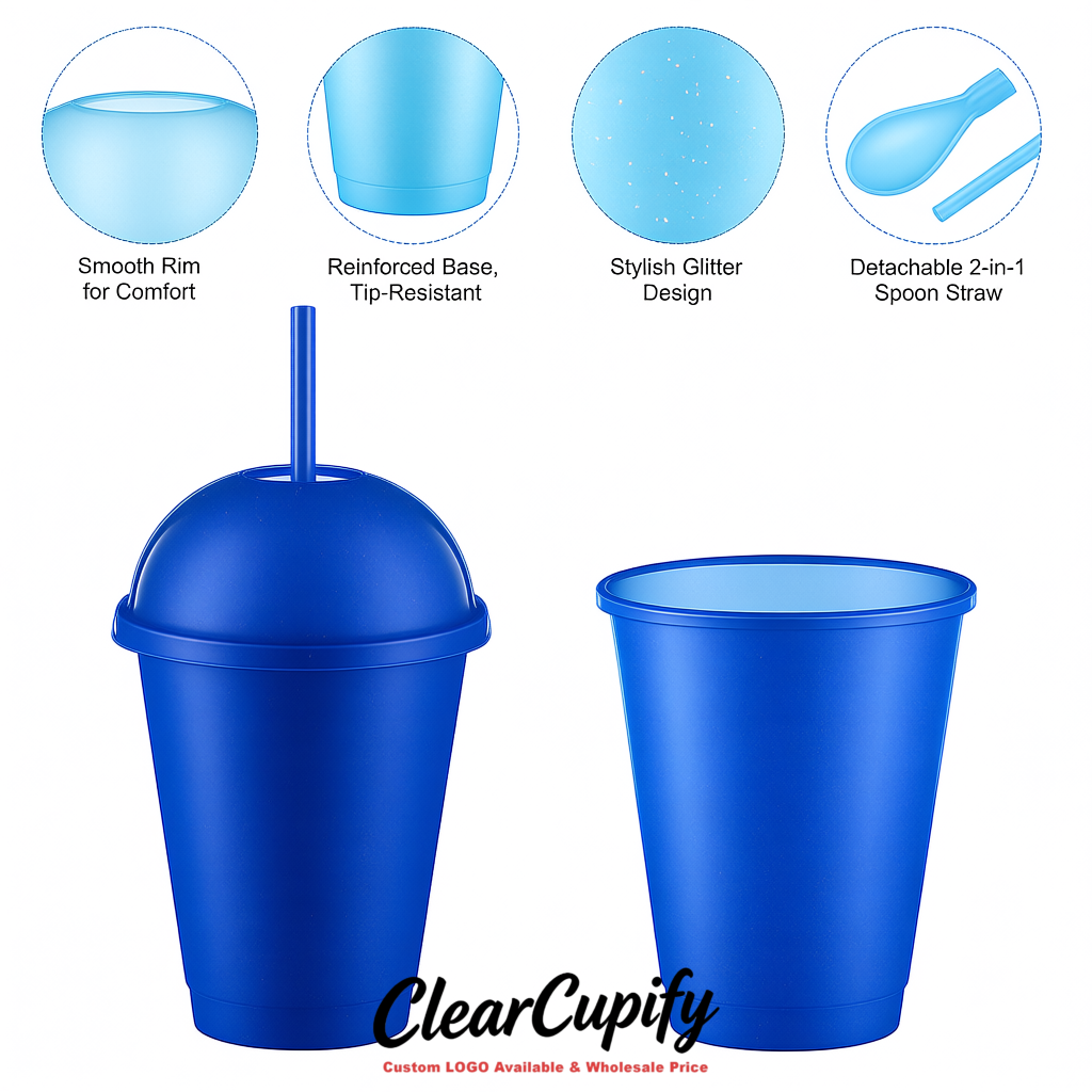 Klein Blue 16 oz Plastic Slushie Cups with Dome Lid & Detachable Spoon Straws for Milkshake, Boba, Smoothies, Iced Coffee