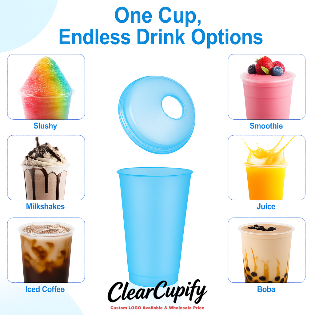 Klein Blue 16 oz Plastic Slushie Cups with Dome Lid & Detachable Spoon Straws for Milkshake, Boba, Smoothies, Iced Coffee