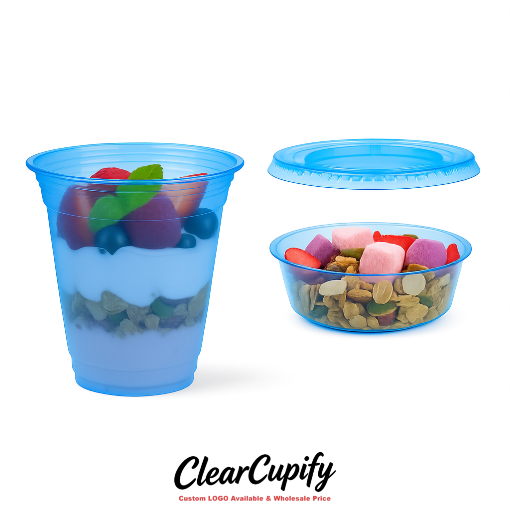 Klein Blue 12 oz Disposable Plastic Parfait Cups with Insert & Flat lids 3.85 x 2.1 x 4 inches