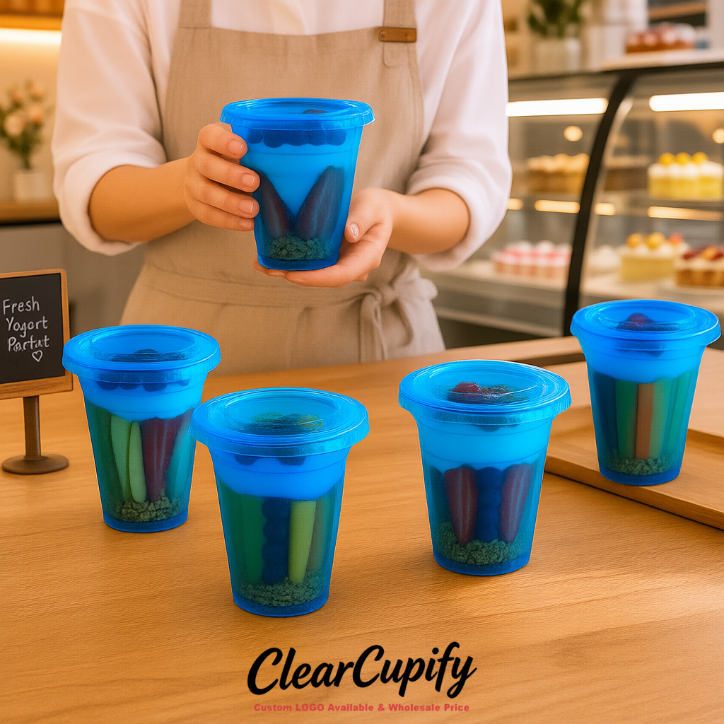 Klein Blue 12 oz Disposable Plastic Parfait Cups with Insert & Flat lids 3.85 x 2.1 x 4 inches