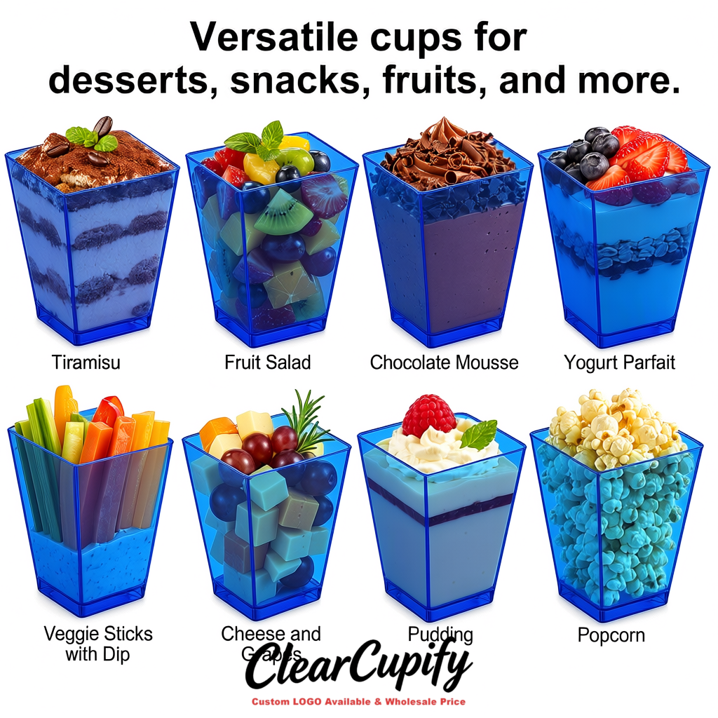 Wholesale Klein Blue 5 oz Square Clear Plastic Dessert Cups with Spoons for Appetizers, Puddings, Mousse, Parfait