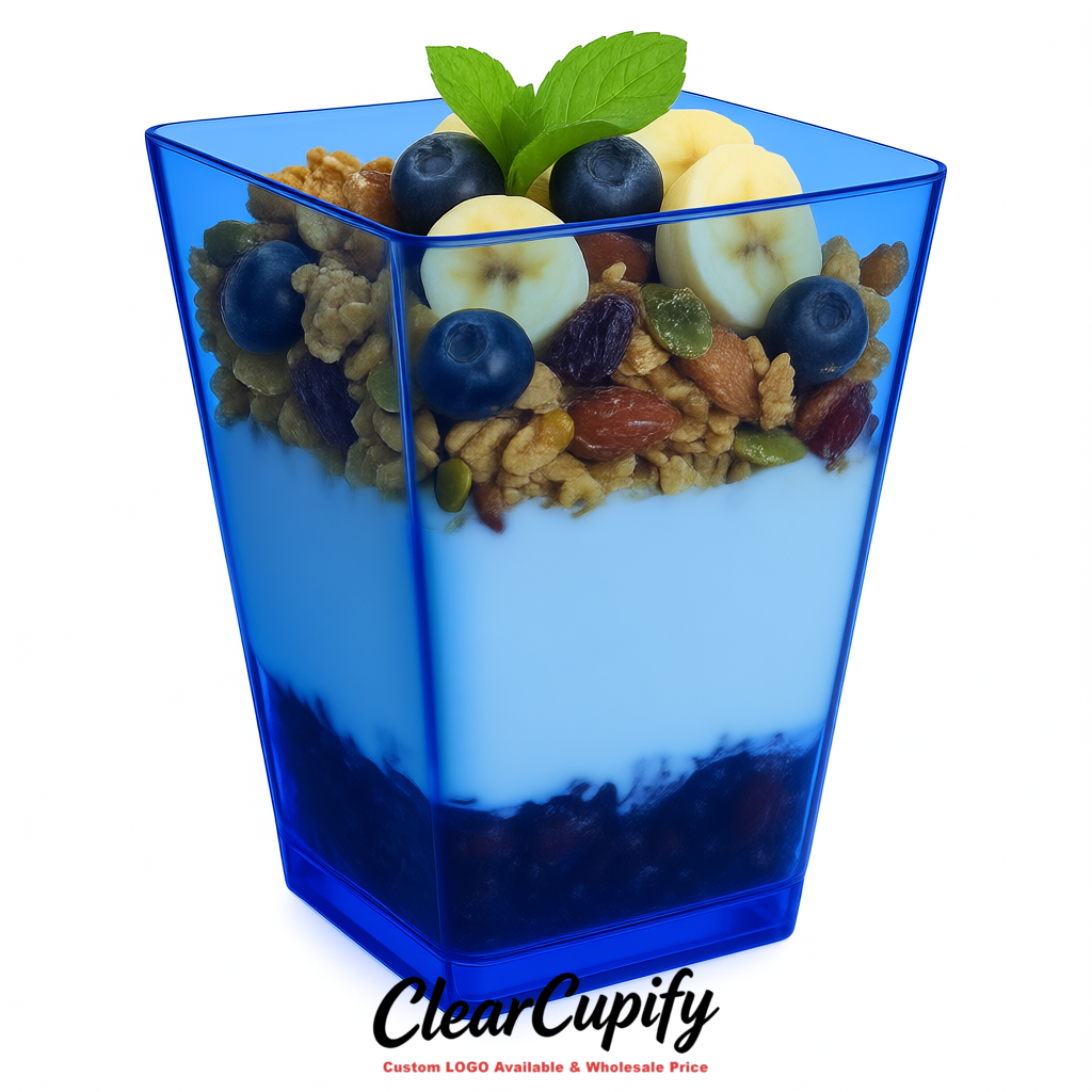 Wholesale Klein Blue 5 oz Square Clear Plastic Dessert Cups with Spoons for Appetizers, Puddings, Mousse, Parfait