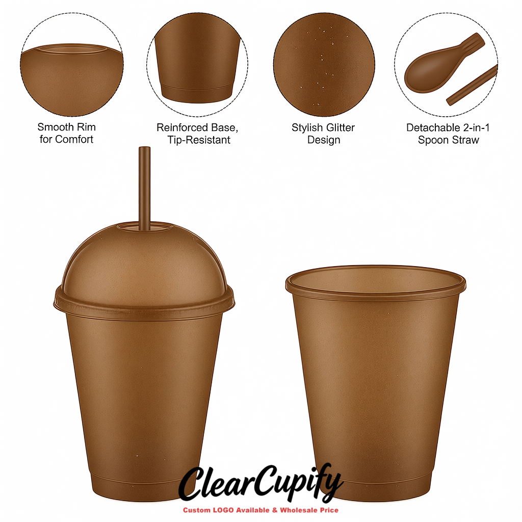 Kraft Brown 16 oz Plastic Slushie Cups with Dome Lid & Detachable Spoon Straws for Milkshake, Boba, Smoothies, Iced Coffee Kraft Brown 16 oz Plastic Slushie Cups with Dome Lid & Detachable Spoon Straws for Milkshake, Boba, Smoothies, Iced Coffee