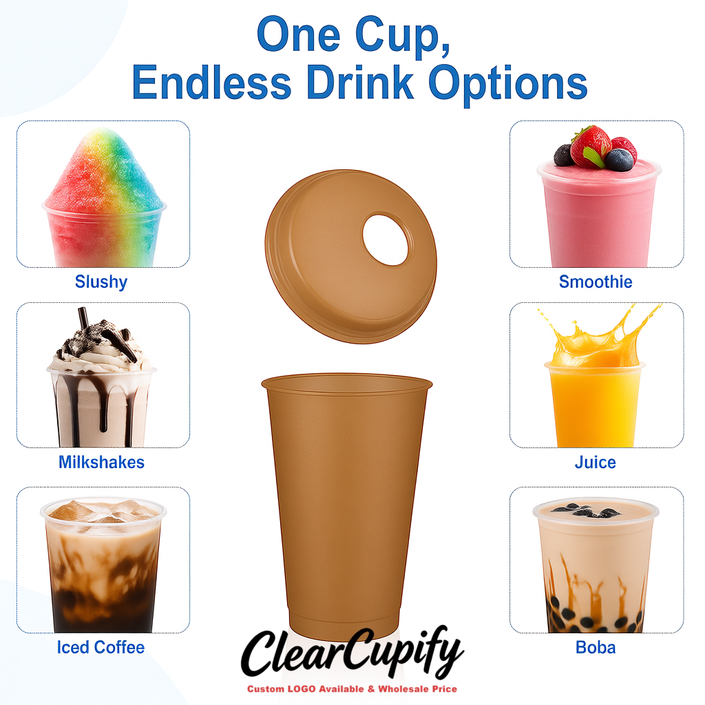 Kraft Brown 16 oz Plastic Slushie Cups with Dome Lid & Detachable Spoon Straws for Milkshake, Boba, Smoothies, Iced Coffee