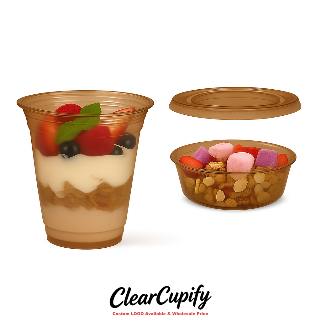 Kraft Brown 12 oz Disposable Plastic Parfait Cups with Insert & Flat lids 3.85 x 2.1 x 4 inches
