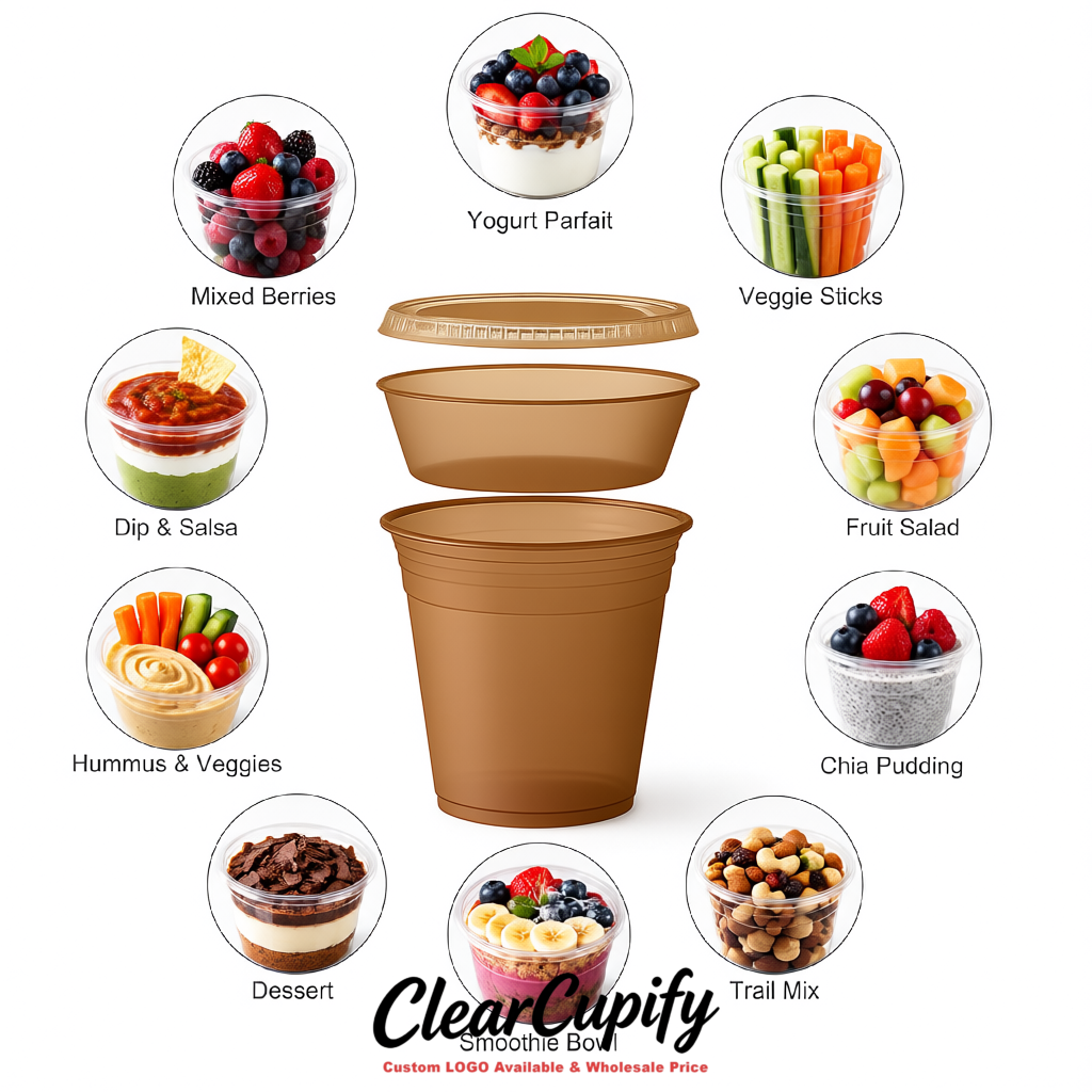 Kraft Brown 12 oz Disposable Plastic Parfait Cups with Insert & Flat lids 3.85 x 2.1 x 4 inches