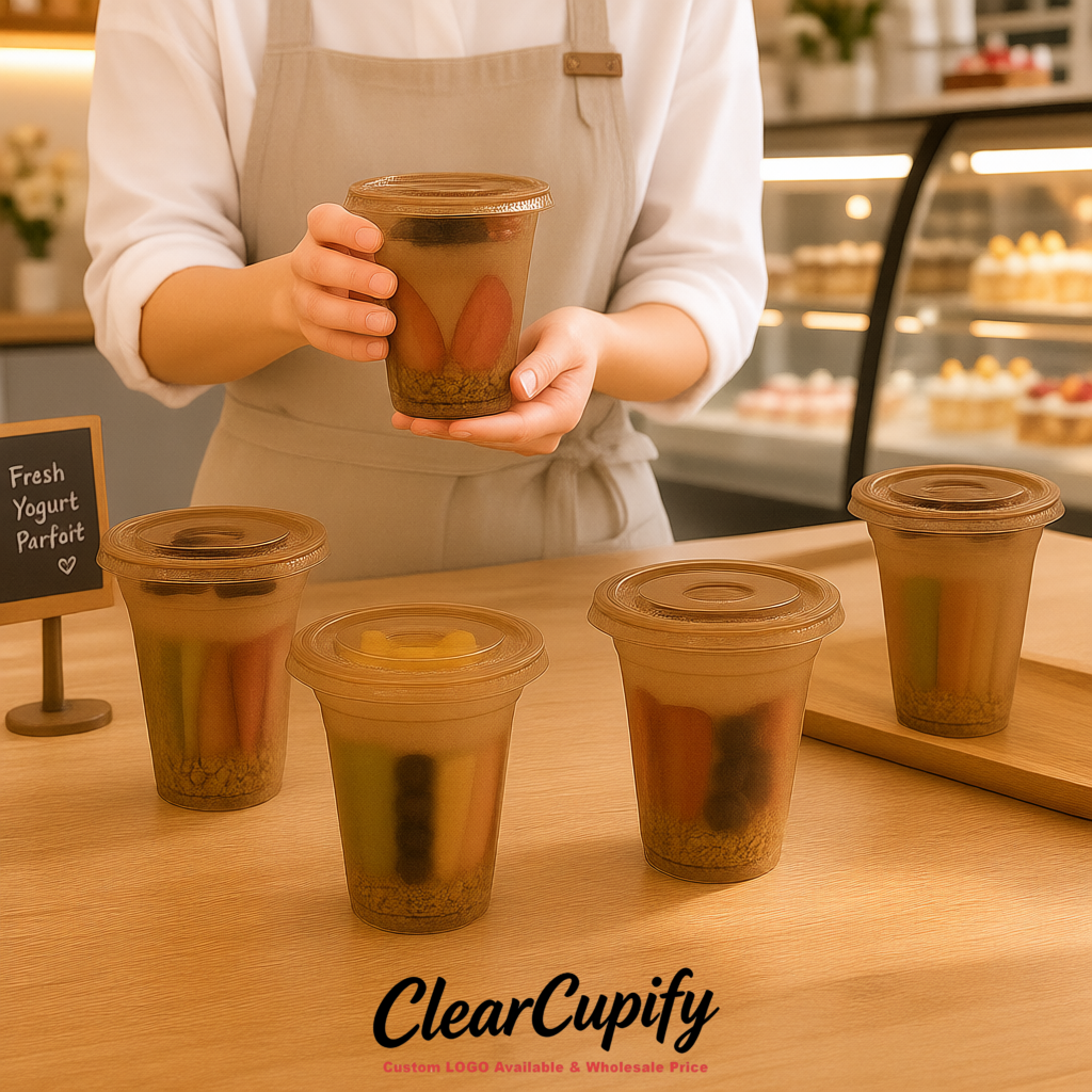 Kraft Brown 12 oz Disposable Plastic Parfait Cups with Insert & Flat lids 3.85 x 2.1 x 4 inches