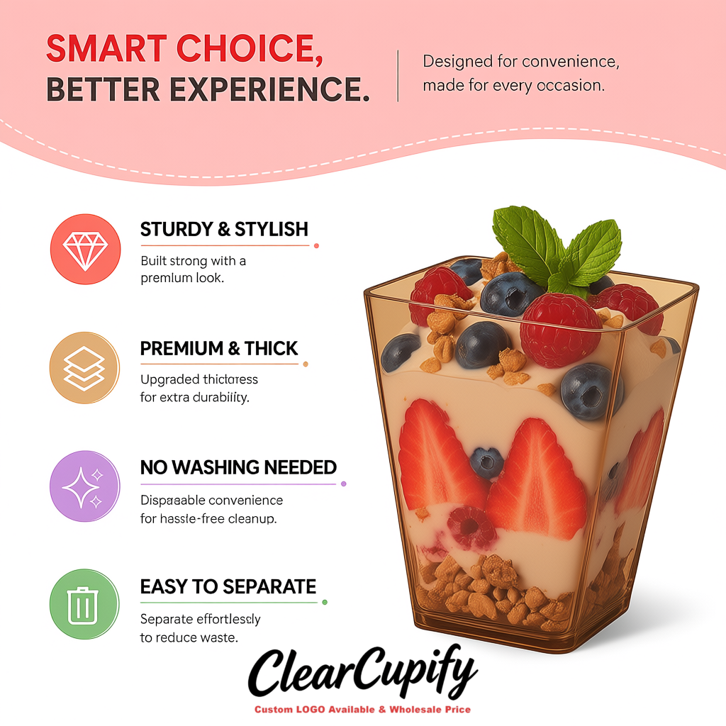 Wholesale Kraft Brown 5 oz Square Clear Plastic Dessert Cups with Spoons for Appetizers, Puddings, Mousse, Parfait