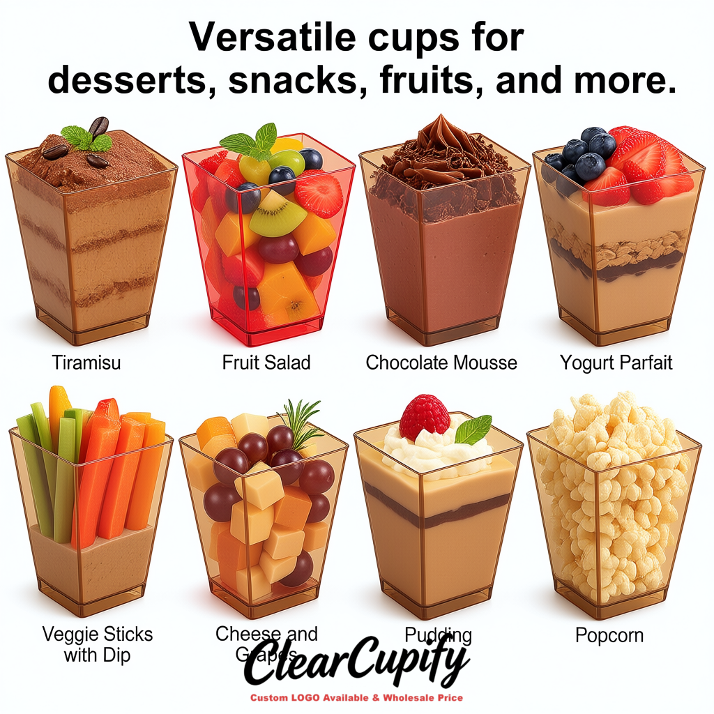 Wholesale Kraft Brown 5 oz Square Clear Plastic Dessert Cups with Spoons for Appetizers, Puddings, Mousse, Parfait