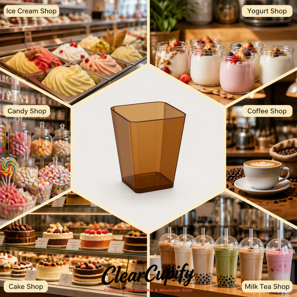 Wholesale Kraft Brown 5 oz Square Clear Plastic Dessert Cups with Spoons for Appetizers, Puddings, Mousse, Parfait