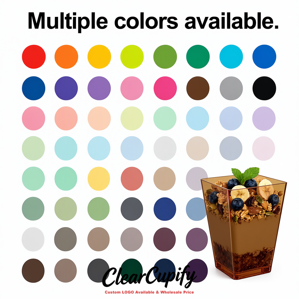 Wholesale Kraft Brown 5 oz Square Clear Plastic Dessert Cups with Spoons for Appetizers, Puddings, Mousse, Parfait