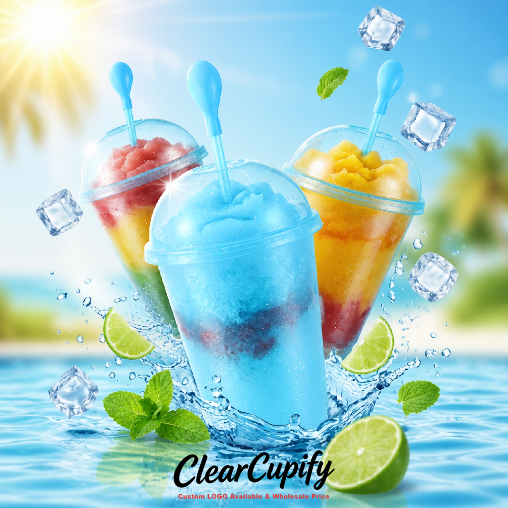 Lake Blue 16 oz Plastic Slushie Cups with Dome Lid & Detachable Spoon Straws for Milkshake, Boba, Smoothies, Iced Coffee