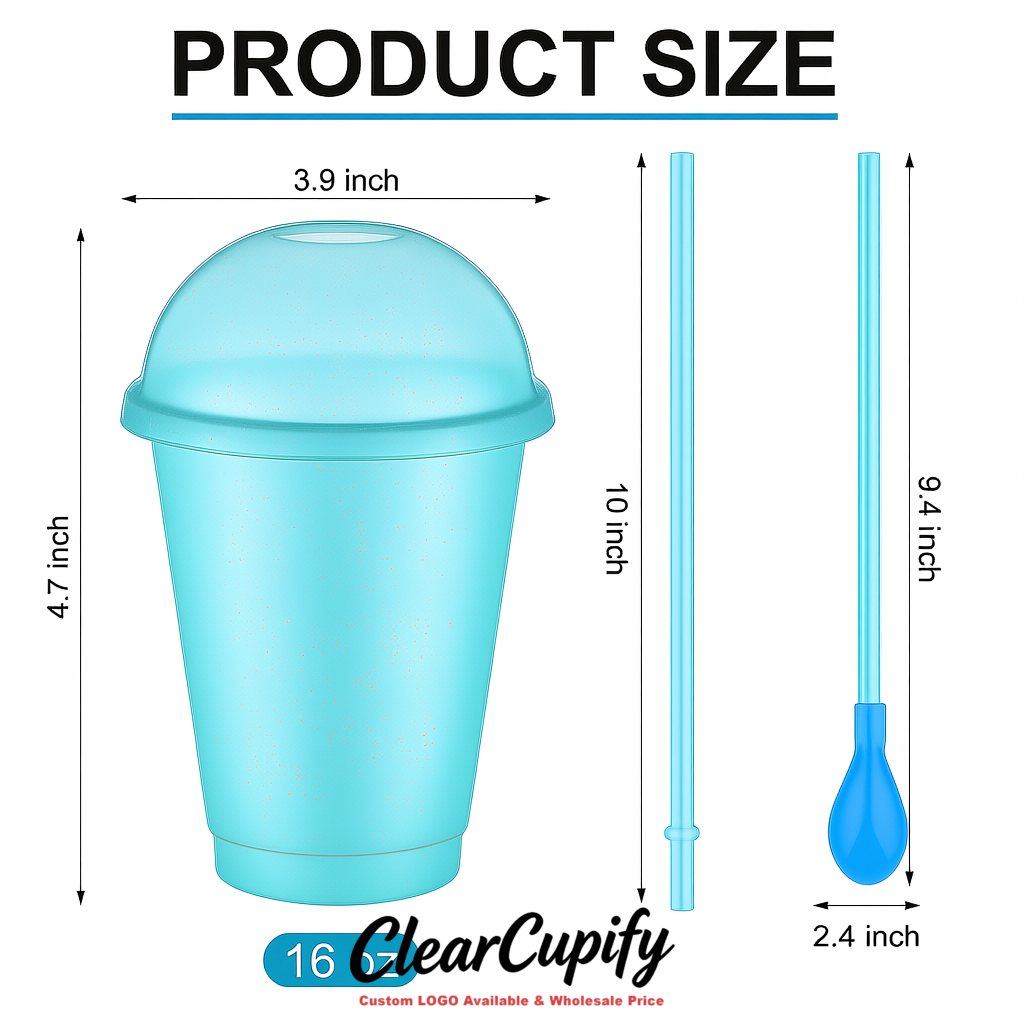 Lake Blue 16 oz Plastic Slushie Cups with Dome Lid & Detachable Spoon Straws for Milkshake, Boba, Smoothies, Iced Coffee