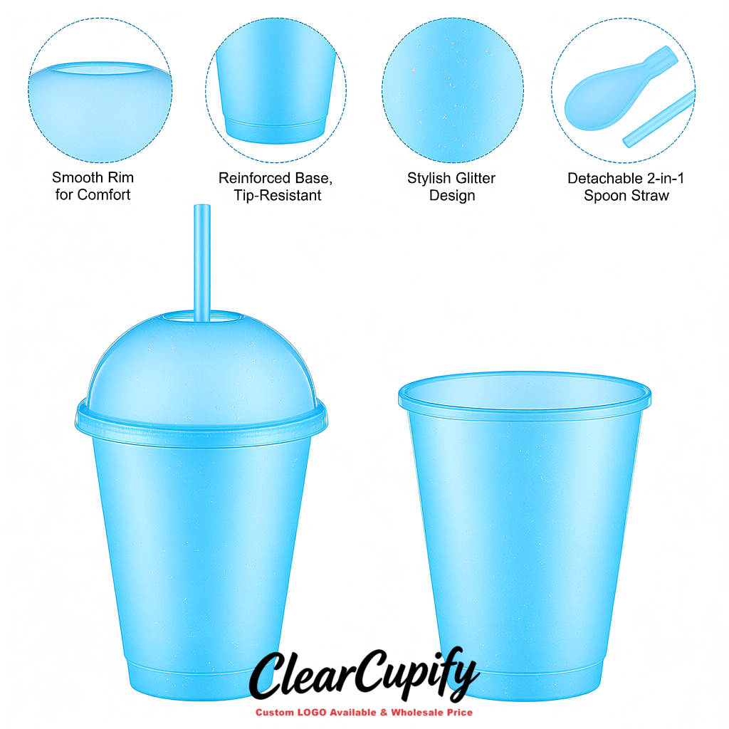 Lake Blue 16 oz Plastic Slushie Cups with Dome Lid & Detachable Spoon Straws for Milkshake, Boba, Smoothies, Iced Coffee
