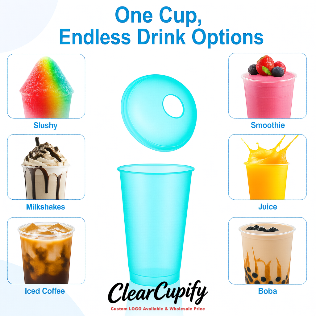 Lake Blue 16 oz Plastic Slushie Cups with Dome Lid & Detachable Spoon Straws for Milkshake, Boba, Smoothies, Iced Coffee