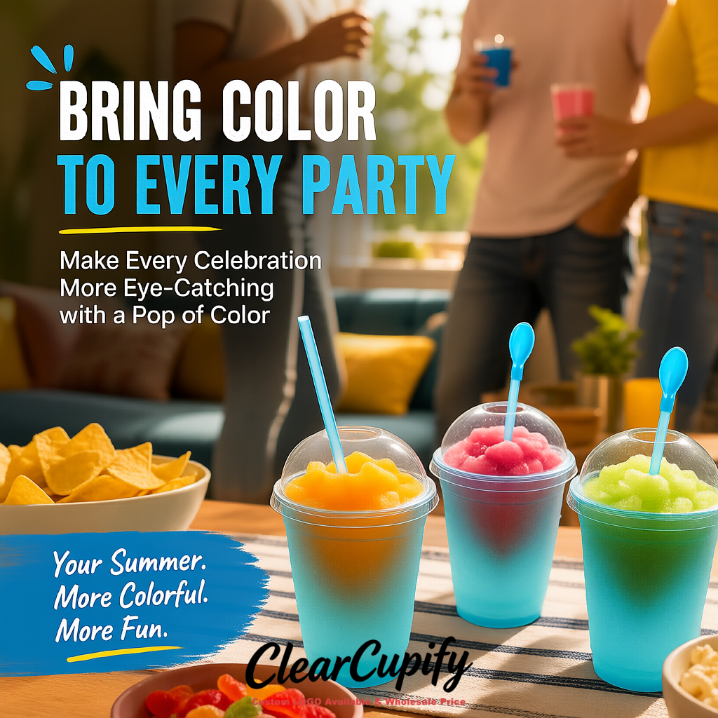 Lake Blue 16 oz Plastic Slushie Cups with Dome Lid & Detachable Spoon Straws for Milkshake, Boba, Smoothies, Iced Coffee