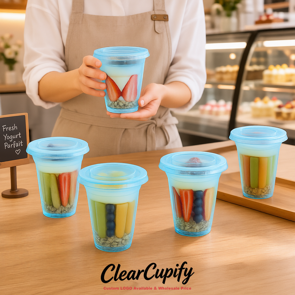 Lake Blue 12 oz Disposable Plastic Parfait Cups with Insert & Flat lids 3.85 x 2.1 x 4 inches