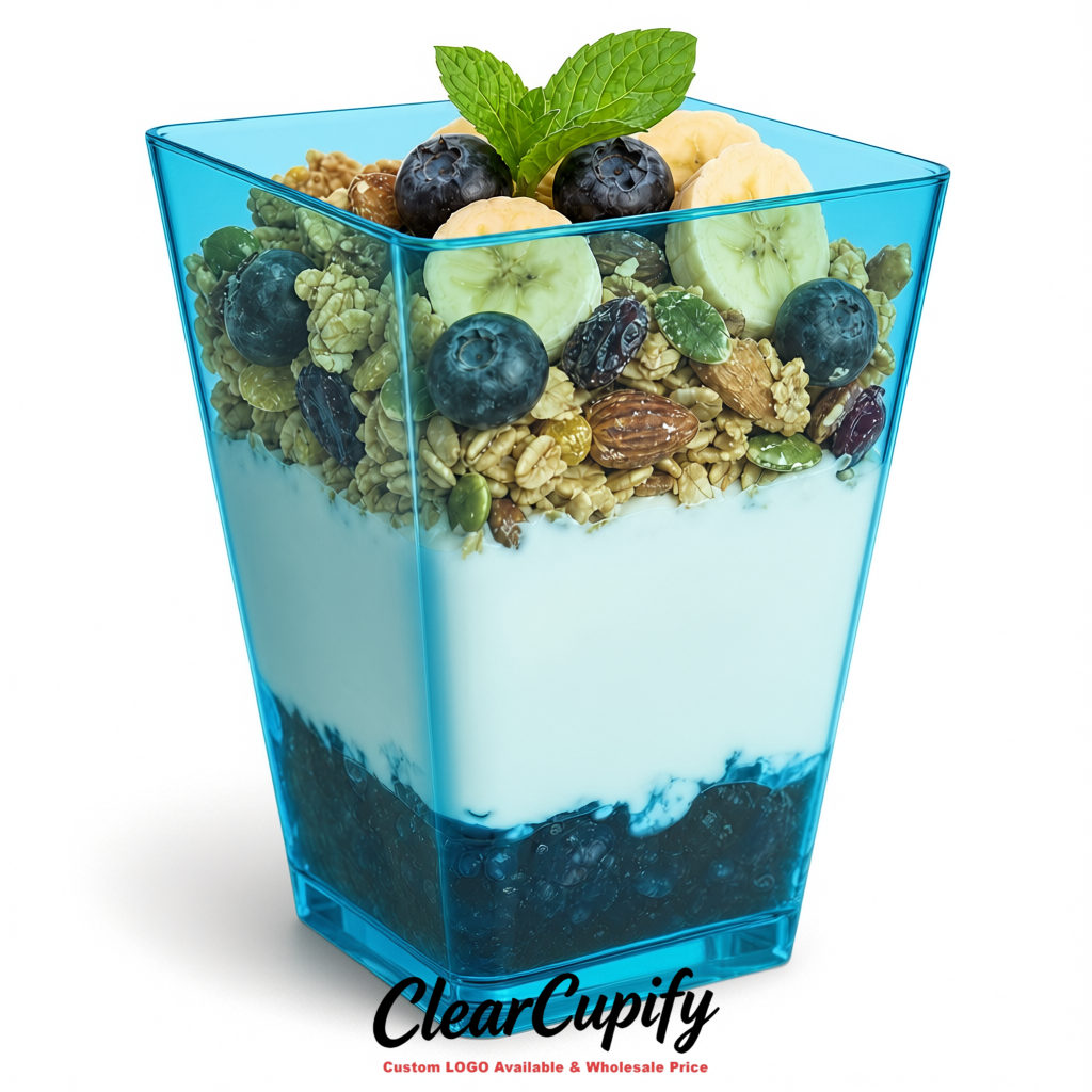 Wholesale Lake Blue 5 oz Square Clear Plastic Dessert Cups with Spoons for Appetizers, Puddings, Mousse, Parfait