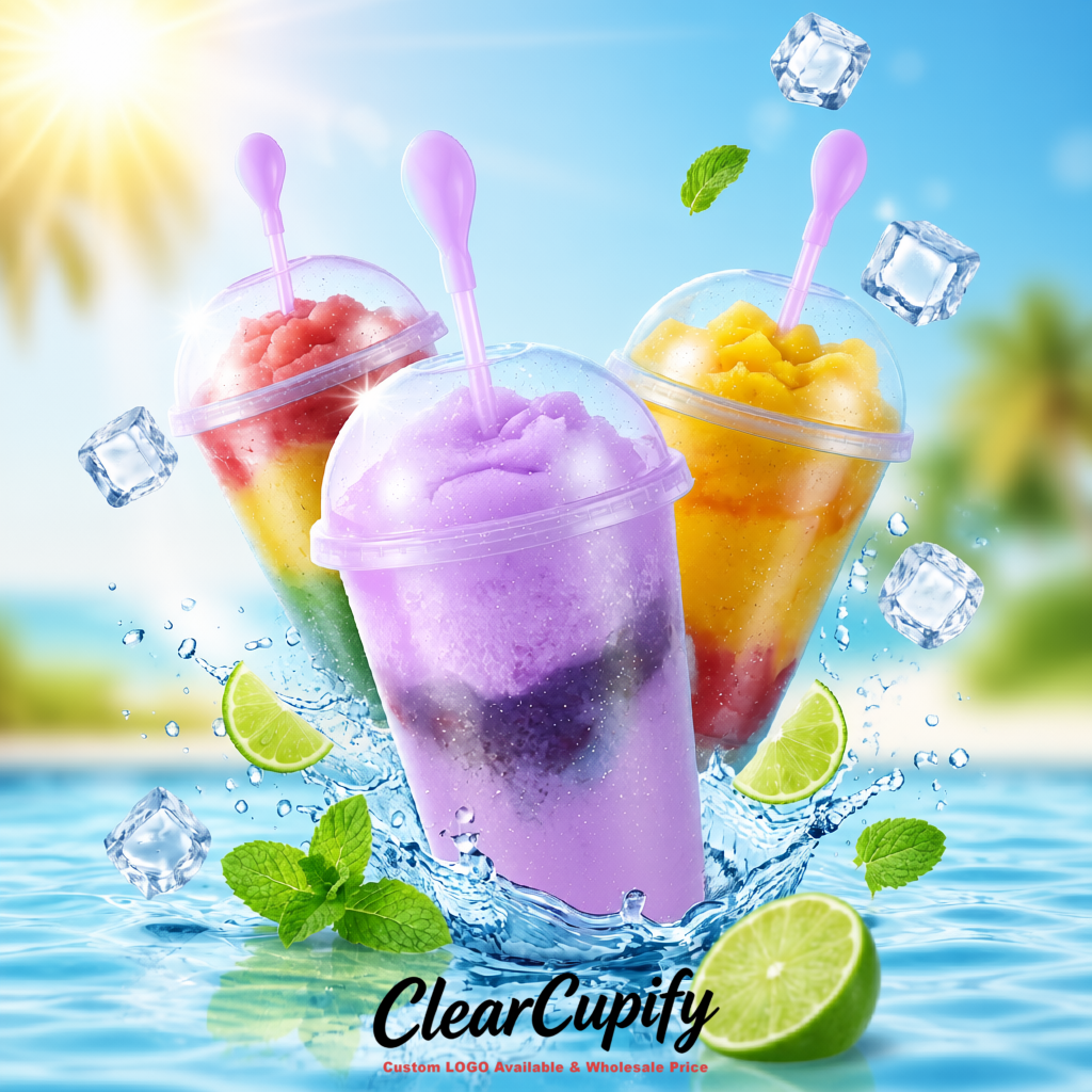 Lavender 16 oz Plastic Slushie Cups with Dome Lid & Detachable Spoon Straws for Milkshake, Boba, Smoothies, Iced Coffee